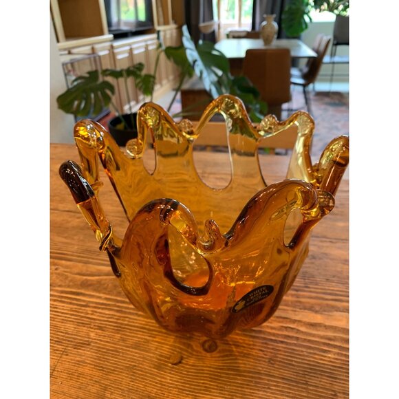 Handcrafted Murano Art Glass Amber Decorative Bowl 9" X 7"  Italy O10112 - Picture 7 of 7